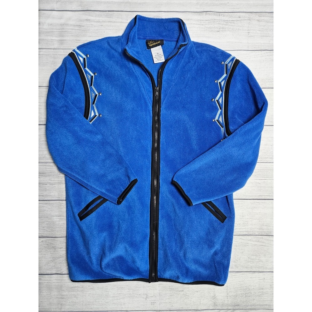 Bob Mackie Jacket Womens XS Blue Fleece Zip Up Lagenlook Artsy Art to Wear